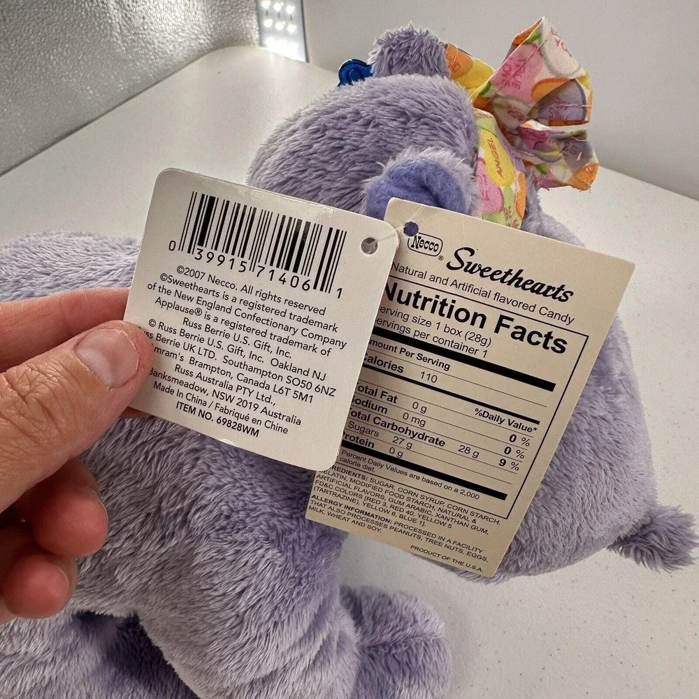 Necco‎ Sweethearts Plush Hippo Candy Bow Applause 12